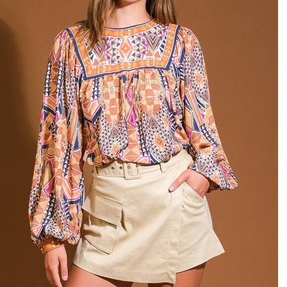 Printed Floral Woven Blouson Long Sleeve Border Print Top - Picture 1 of 5